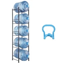 Vandkølere>5-etagers vandkandeholder, enkelttræks vandflaskestativ til 5 flasker, sort, holdbart design, pladsbesparende løsning