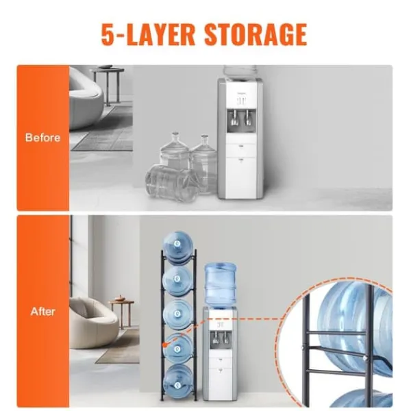 Vandkølere>5-etagers vandkandeholder, enkelttræks vandflaskestativ til 5 flasker, sort, holdbart design, pladsbesparende løsning