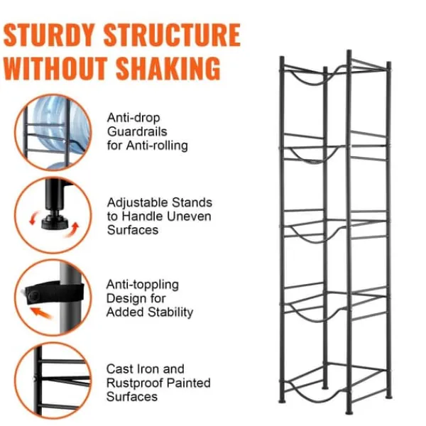 Vandkølere>5-etagers vandkandeholder, enkelttræks vandflaskestativ til 5 flasker, sort, holdbart design, pladsbesparende løsning