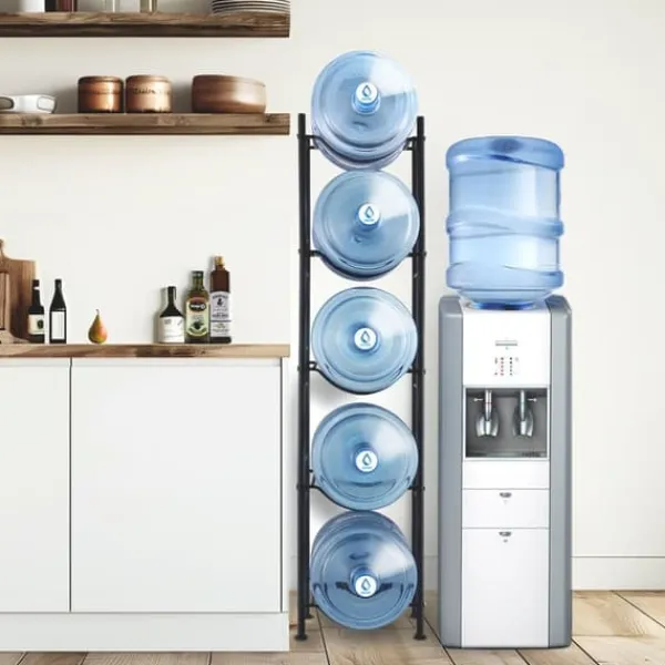 Vandkølere>5-etagers vandkandeholder, enkelttræks vandflaskestativ til 5 flasker, sort, holdbart design, pladsbesparende løsning