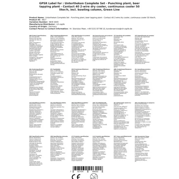 Fadølsanlæg - kontakt 40 2-sidet tør køler, kontinuerlig køler 50 liter/h, inkl. Dispensersøjle, Green Line, KEG:Typ G, KEG 2:Type M Hot