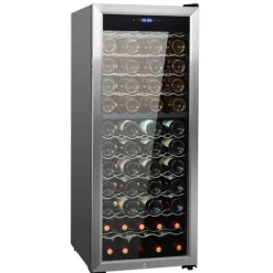 Vinkøleskabe>80-flaske vinkøler, Dual Zone fritstående køleskab, LED-belysning, effektiv opbevaring, moderne design.