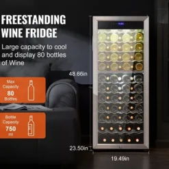 Vinkøleskabe>80-flaske vinkøler, Dual Zone fritstående køleskab, LED-belysning, effektiv opbevaring, moderne design.