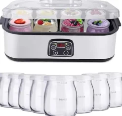 Yogurtmaskiner>Fuleadture elektrisk yoghurtmaskine, LCD-skærm, timer og temperaturindstilling, 8 glas à 1400 ml, 25 W