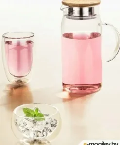 Glaskande med bambuslåg WILMAX høj 1,5L til drikkevarer, vand, juice Discount