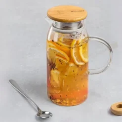 Glaskande med bambuslåg WILMAX høj 1,5L til drikkevarer, vand, juice Discount