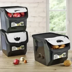 Grøntsags- og frugtbeholder med låg, sort, 12 l, 2 stk. Outlet