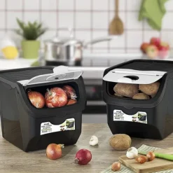 Grøntsags- og frugtbeholder med låg, sort, 12 l, 2 stk. Outlet