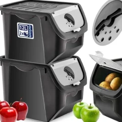Grøntsags- og frugtbeholder med låg, sort, 12 l, 2 stk. Outlet