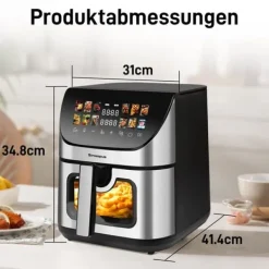 Fritøse>Heißluftfritteuse XXL 8,5L med vindues- og farveskærm, 12 programmer, LED-touchskærm, nem at rengøre