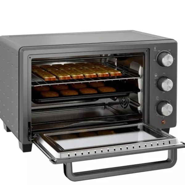 Grill-Ovne & Ovn Med Roterende Stegespyd>HOMCOM miniovn 21L, 1400W, rustfrit stål, grå - justerbar temperatur og timer til alsidig madlavning