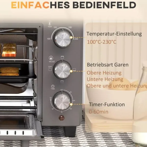 Grill-Ovne & Ovn Med Roterende Stegespyd>HOMCOM miniovn 21L, 1400W, rustfrit stål, grå - justerbar temperatur og timer til alsidig madlavning