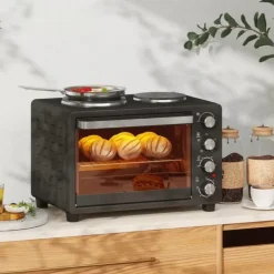 Grill-Ovne & Ovn Med Roterende Stegespyd>HOMCOM Miniovn med Kogeplader 28L, Sort - Multifunktionel ovn med 2 kogeplader, grill, 2600W, 100-230°C, timer, inkl. tilbehør
