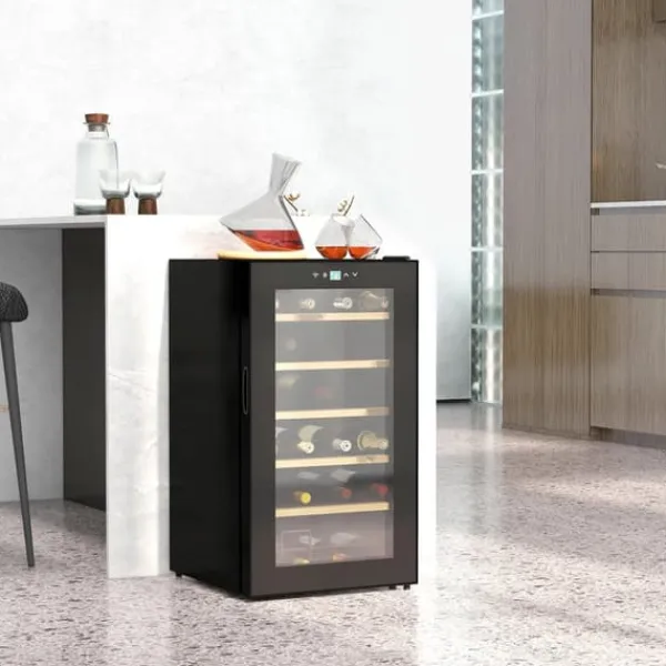 Vinkøleskabe>HOMCOM Vinkøleskab, 65 L Køleskab til drikkevarer til 24 flasker, Flaskekøleskab, Vinklimaskab med indvendigt lys, 5-20°C, Touch, Sort