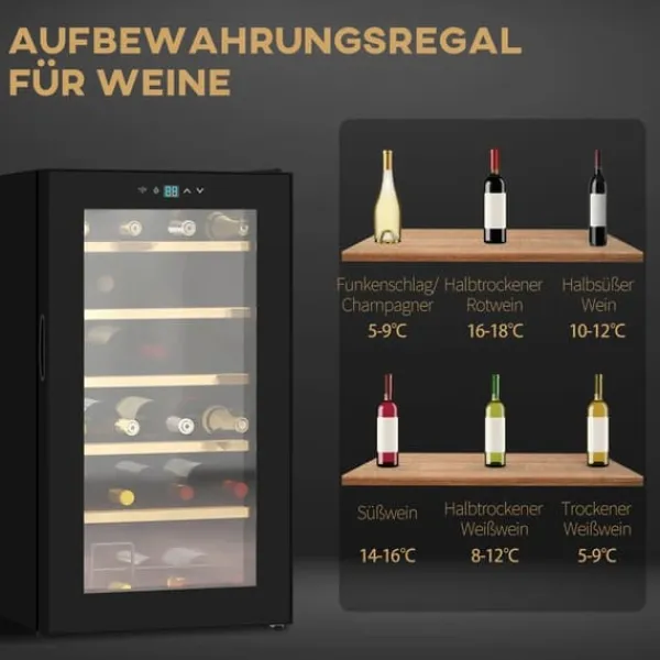 Vinkøleskabe>HOMCOM Vinkøleskab, 65 L Køleskab til drikkevarer til 24 flasker, Flaskekøleskab, Vinklimaskab med indvendigt lys, 5-20°C, Touch, Sort