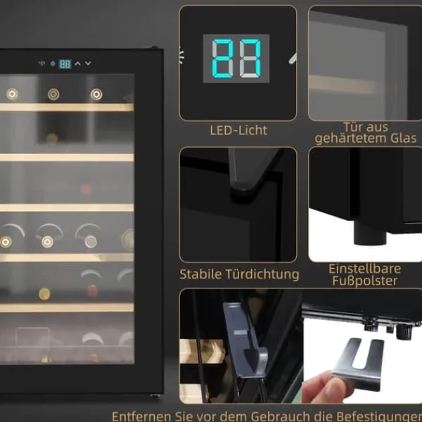 Vinkøleskabe>HOMCOM Vinkøleskab, 65 L Køleskab til drikkevarer til 24 flasker, Flaskekøleskab, Vinklimaskab med indvendigt lys, 5-20°C, Touch, Sort