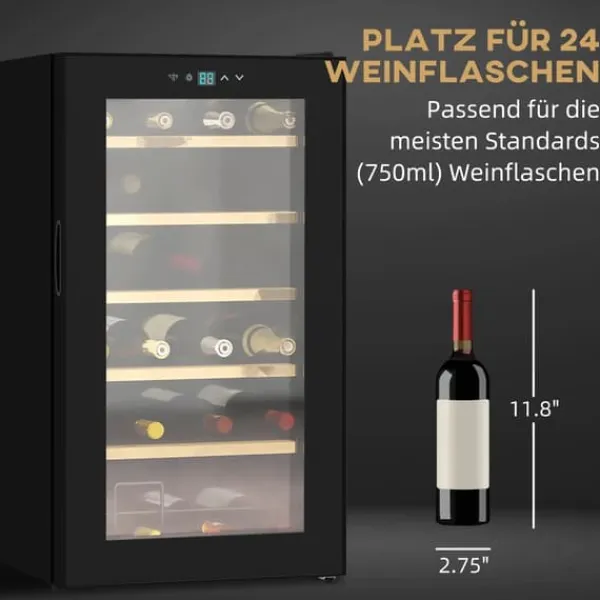 Vinkøleskabe>HOMCOM Vinkøleskab, 65 L Køleskab til drikkevarer til 24 flasker, Flaskekøleskab, Vinklimaskab med indvendigt lys, 5-20°C, Touch, Sort