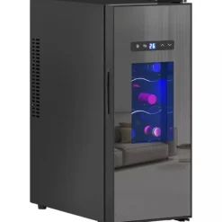 Vinkøleskabe>HOMCOM Vinkøleskab til 12 flasker, 30L, 8-18°C, 180° døråbning, sort metal glaskøler