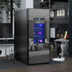 Vinkøleskabe>HOMCOM Vinkøleskab til 12 flasker, 30L, 8-18°C, 180° døråbning, sort metal glaskøler