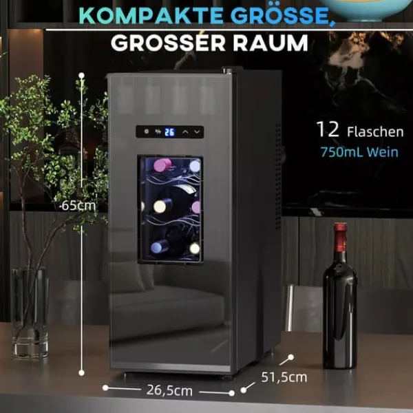 Vinkøleskabe>HOMCOM Vinkøleskab til 12 flasker, 30L, 8-18°C, 180° døråbning, sort metal glaskøler