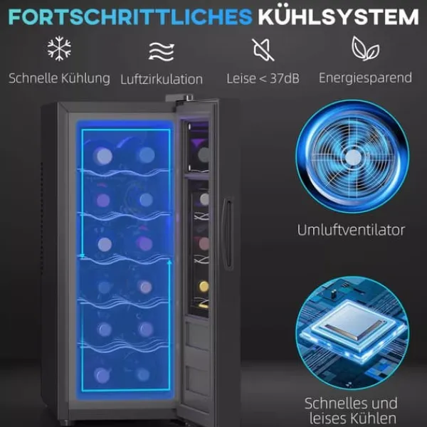 Vinkøleskabe>HOMCOM Vinkøleskab til 12 flasker, 30L, 8-18°C, 180° døråbning, sort metal glaskøler