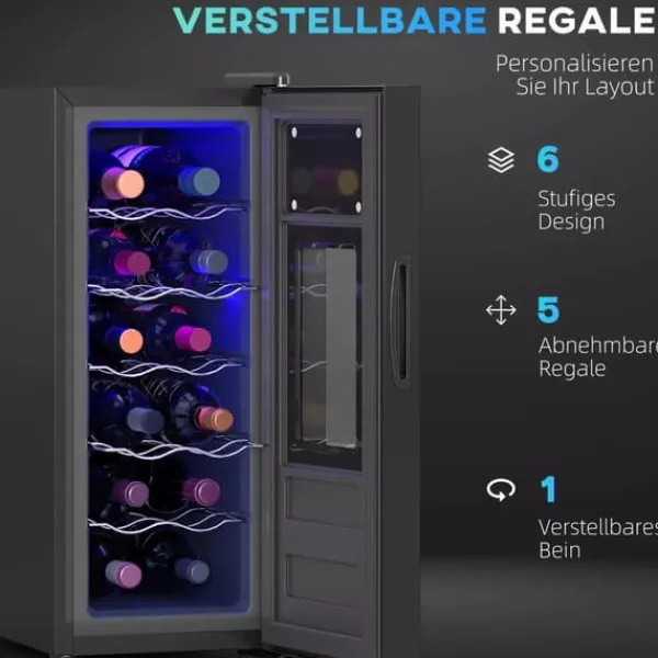 Vinkøleskabe>HOMCOM Vinkøleskab til 12 flasker, 30L, 8-18°C, 180° døråbning, sort metal glaskøler