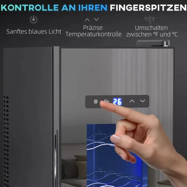 Vinkøleskabe>HOMCOM Vinkøleskab til 12 flasker, 30L, 8-18°C, 180° døråbning, sort metal glaskøler