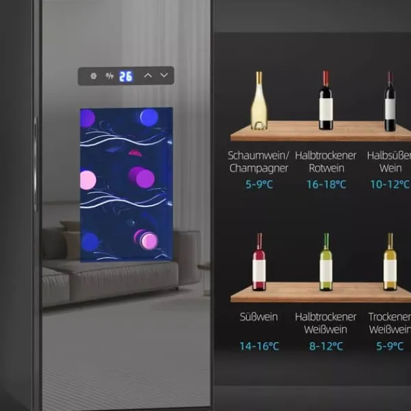 Vinkøleskabe>HOMCOM Vinkøleskab til 12 flasker, 30L, 8-18°C, 180° døråbning, sort metal glaskøler