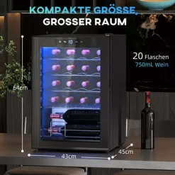 HOMCOM Vinkøleskab til 20 flasker - 53L, 5-18°C kompressorkøler med UV-glasdør, LED-lys. Sort metal Discount