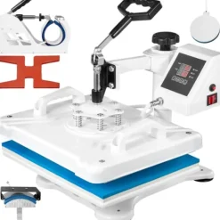 Damppresser>5-i-1 Varmepresse Maskine, 12"x 15" Teflon-belagt Plade, Dobbelt-Rør Opvarmning,Hvid