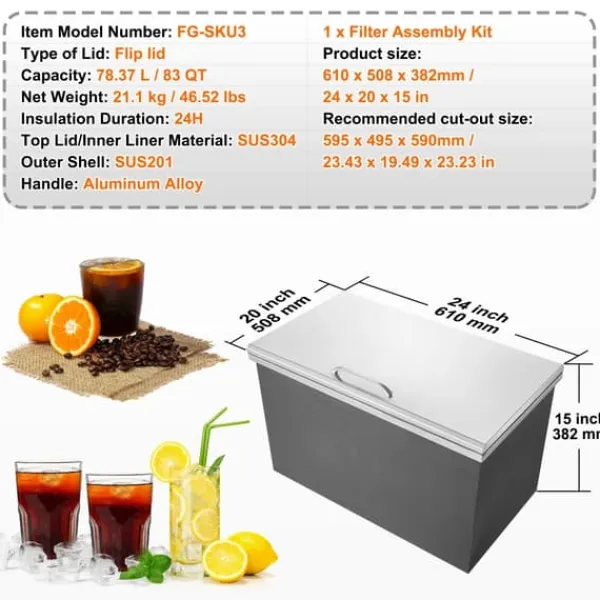 Iskøler, Stor Kapacitet, Holdbart Rustfrit Stål,24x20x15in