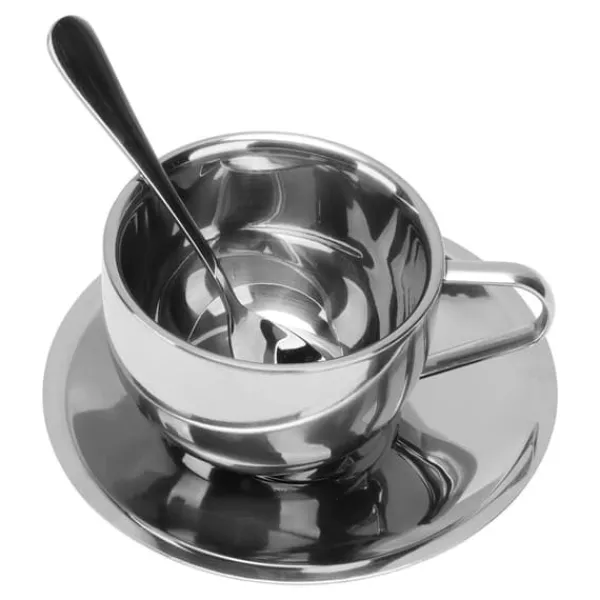 Kaffe- & Teservicer>Isoleret kaffekopsæt i rustfrit stål - 180 ml dobbeltvægget krus med underkop og ske