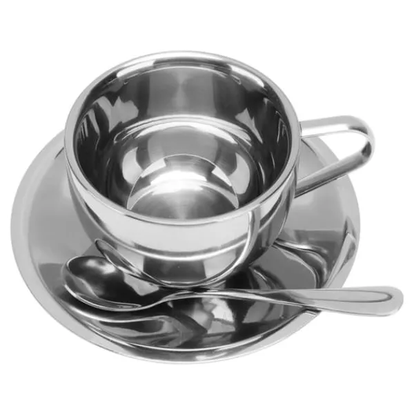 Kaffe- & Teservicer>Isoleret kaffekopsæt i rustfrit stål - 180 ml dobbeltvægget krus med underkop og ske