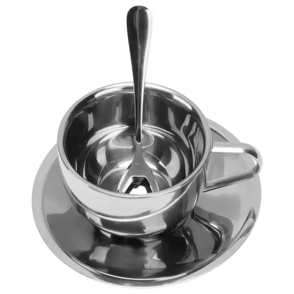 Kaffe- & Teservicer>Isoleret kaffekopsæt i rustfrit stål - 180 ml dobbeltvægget krus med underkop og ske