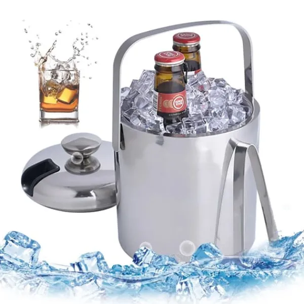 Isspande & Kølere>Isspand, 1,3 L dobbeltvægget isoleret, rustfrit stål, sølv, med istang og låg