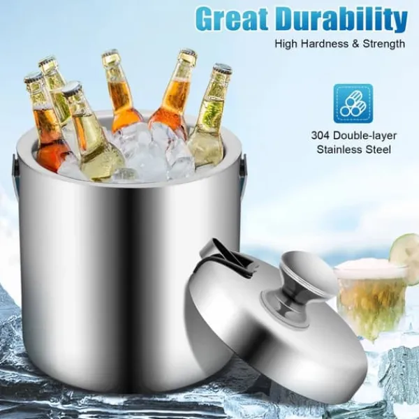 Isspande & Kølere>Isspand, 1,3 L dobbeltvægget isoleret, rustfrit stål, sølv, med istang og låg