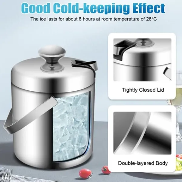 Isspande & Kølere>Isspand, 1,3 L dobbeltvægget isoleret, rustfrit stål, sølv, med istang og låg