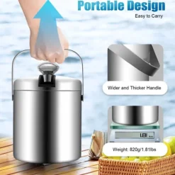 Isspand Sæt - Isspand - Dobbeltlags 304 Rustfrit Stål - 1,3 l - Med Tang og Si - 14 x 22,5 cm - Sølv Clearance