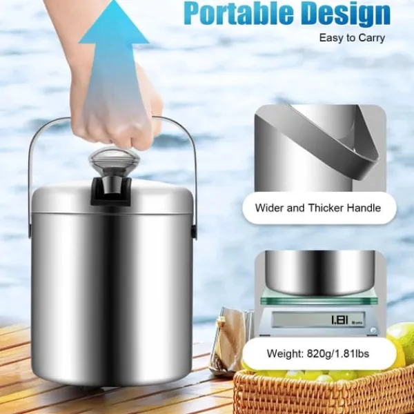 Isspand Sæt - Isspand - Dobbeltlags 304 Rustfrit Stål - 1,3 l - Med Tang og Si - 14 x 22,5 cm - Sølv Clearance