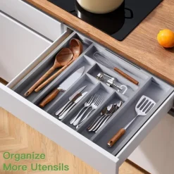 Justerbar grå bambusbestikskuffe til fleksibel organisering af køkkenet Discount