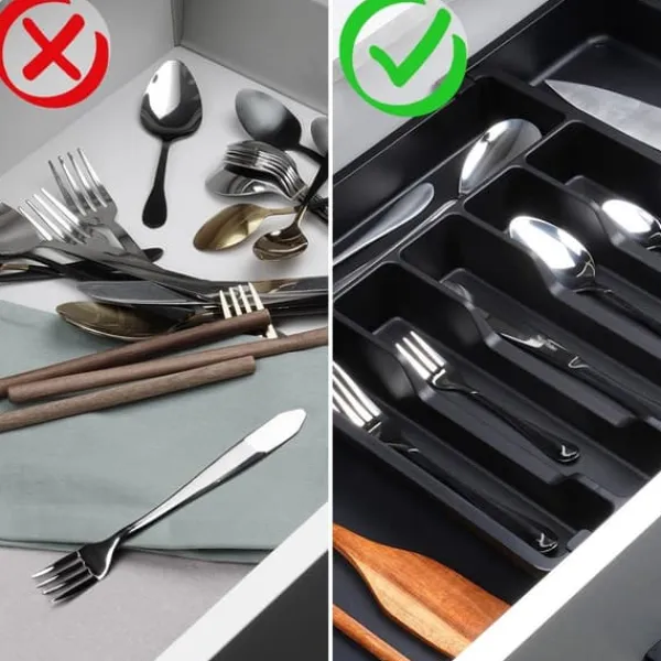Justerbar indsats til bestik, køkkenredskaber, knive, udtrækkelig skuffeorganisator Hot