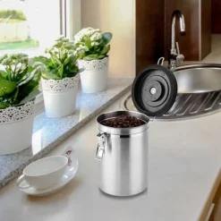 Kaffebeholder Stor Lufttæt Rustfrit Stål Sort Køkkenopbevaringsbeholder (Sølv 1,8L) New