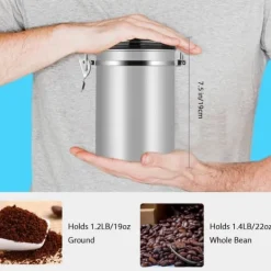 Kaffebeholder Stor Lufttæt Rustfrit Stål Sort Køkkenopbevaringsbeholder (Sølv 1,8L) New