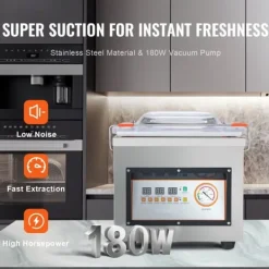 Kammervakuumforsegling, 320W effekt, ideel til vådfoder, kød og marinader. Kompakt design med 12,6" forseglingslængde til både hjem og erhverv.