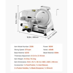 Kødpålægsmaskine, 10 tommer elektrisk pålægsmaskine 48x40x41 cm, justerbar tykkelse, metal