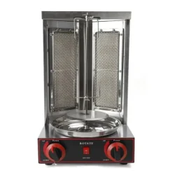 Kebab- og gyrosgrill - Elektrisk vertikalt rotisseri - 3000 W 220 V - 2 varmeelementer - 360° rotation - 12 kg kapacitet - Rustfrit stål - Grå