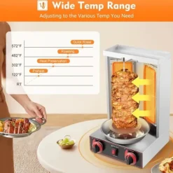 Kebab- og gyrosgrill - Elektrisk vertikalt rotisseri - 3000 W 220 V - 2 varmeelementer - 360° rotation - 12 kg kapacitet - Rustfrit stål - Grå