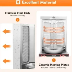 Kebab- og gyrosgrill - Elektrisk vertikalt rotisseri - 3000 W 220 V - 2 varmeelementer - 360° rotation - 12 kg kapacitet - Rustfrit stål - Grå