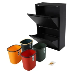 Affaldssorteringsspande>Køkken affaldssorteringsskab - Skraldespand 4-delt - 4x15 L - 56×24,5×91 cm - Plast - Sort