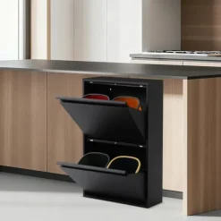 Affaldssorteringsspande>Køkken affaldssorteringsskab - Skraldespand 4-delt - 4x15 L - 56×24,5×91 cm - Plast - Sort